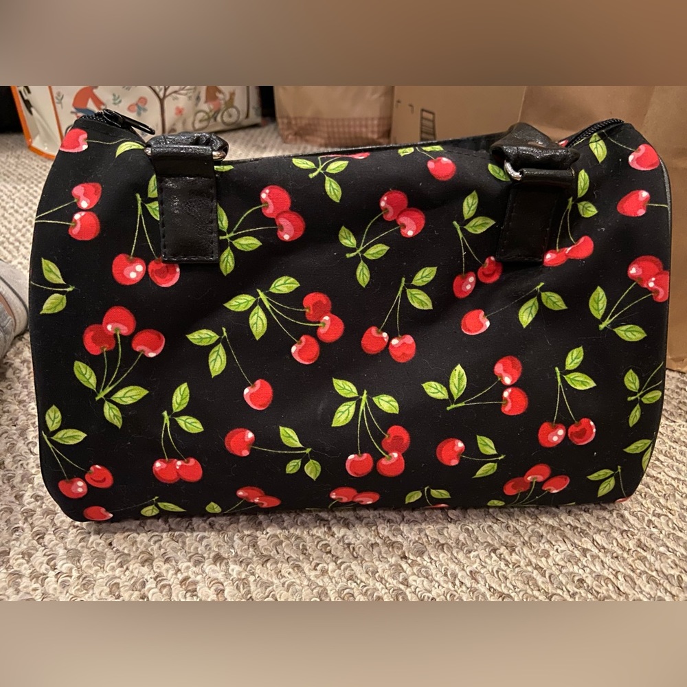 Women's Black Cherry Print Satchel Bag - Red Cherry Pattern